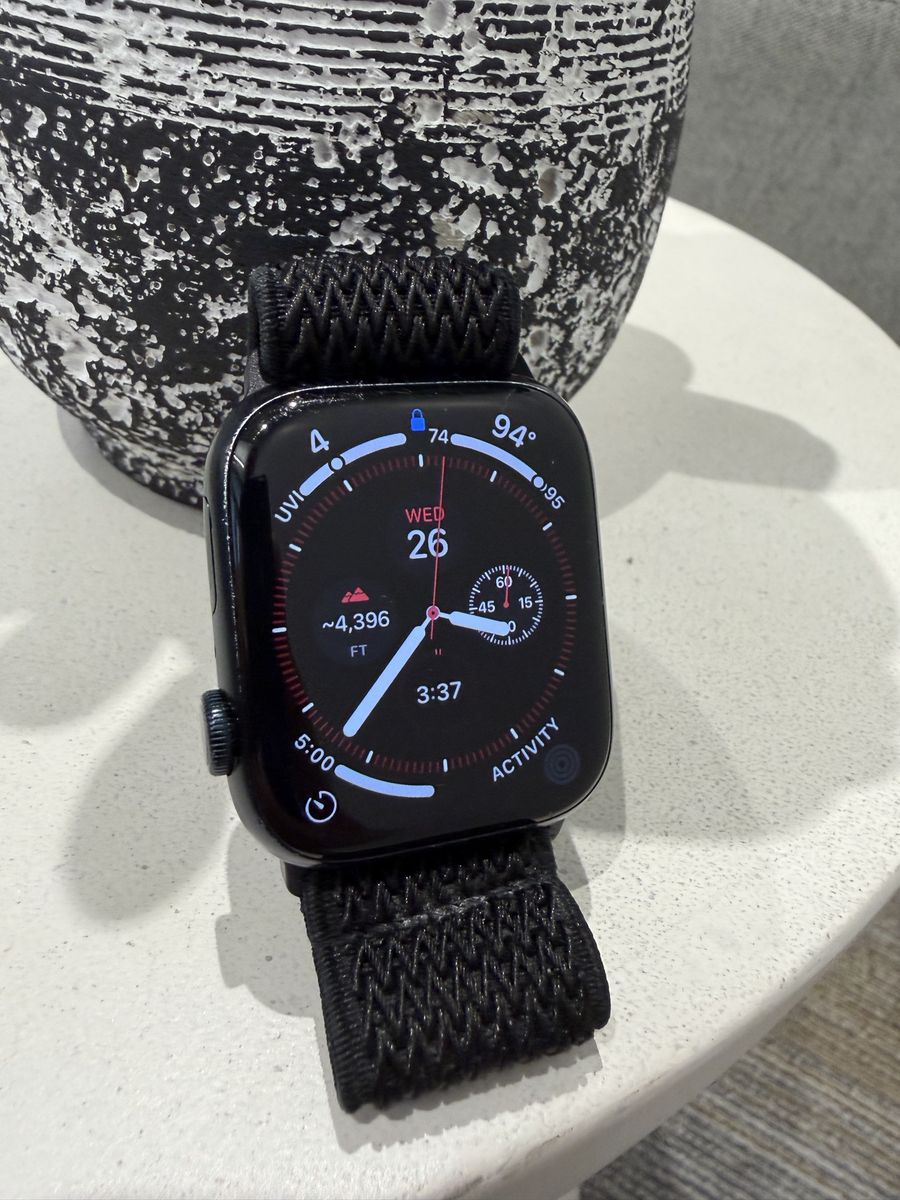 Apple Watch Series 9 - 45mm, Midnight Aluminum Case, GPS, Black Sport Band (L) + aftermarket cloth band