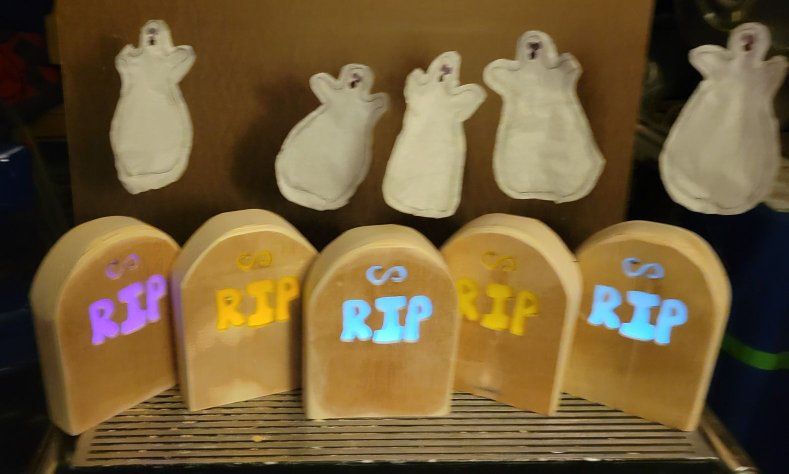 Handmade Wooden Tombstone and Tissue Paper Ghost Halloween Decorations