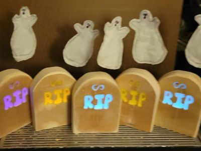 Handmade Wooden Tombstone and Tissue Paper Ghost Halloween Decorations