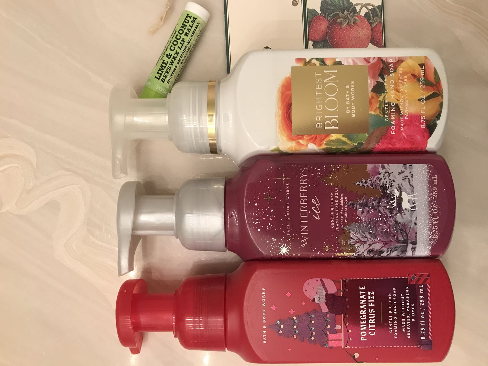 5 Bath & Body Works Foaming Hand Soap Pomegranate Citrus Fizz Brightest Bloom Winterberry Ice Lime & Coconut Beeswax Lip Balm
