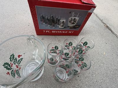 7-Piece Christmas Holly Glass Beverage Set with Pitcher and 6 Glasses