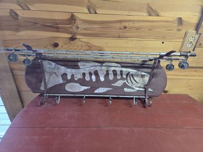 Decorative Rustic Fish Fishing Rod Reel Wood Metal Wall Shelf Coat Rack