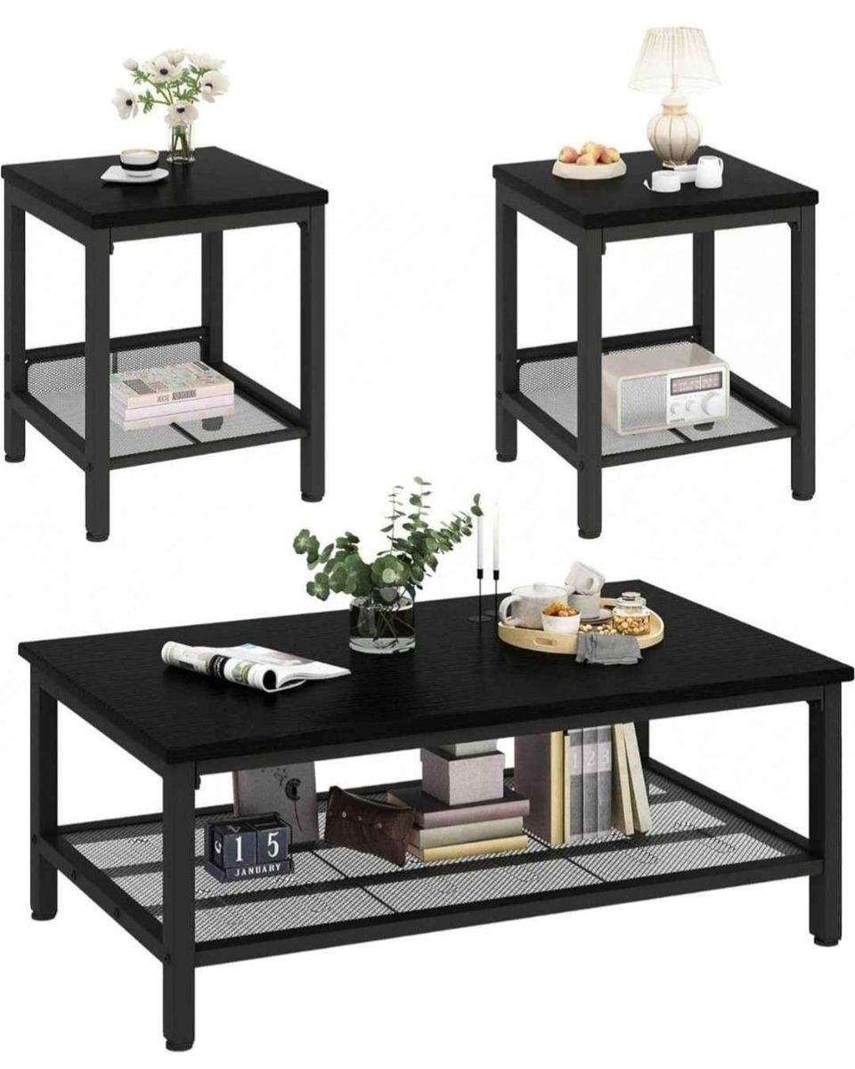 Modern Industrial Black 3-Piece Living Room Table Set: 1 Coffee Table, 2 End Tables with Storage Shelf