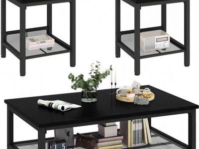 Modern Industrial Black 3-Piece Living Room Table Set: 1 Coffee Table, 2 End Tables with Storage Shelf
