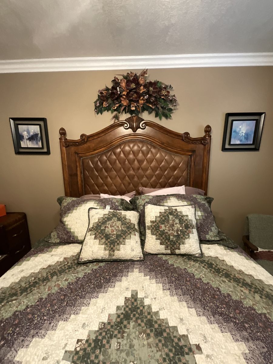Traditional Carved Wood & Tufted Queen Bed Frame
