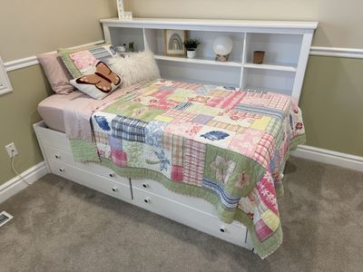 White Daybed Frame with Bookcase Headboard and Storage Drawers - Twin Size. Mattress included.