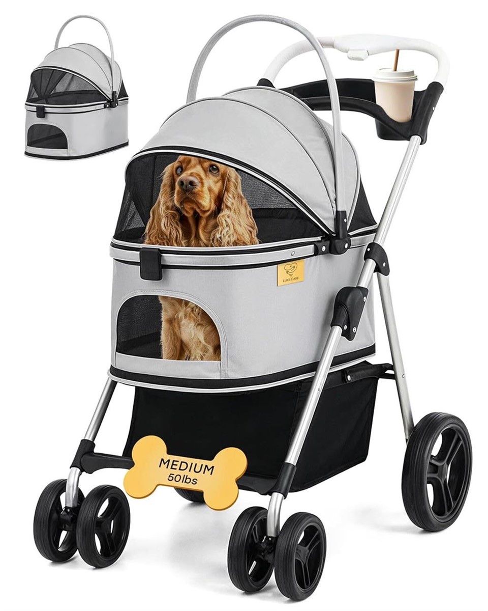 Luxe Care 3-in-1 Pet Stroller Carrier Car Seat - Medium, 50 lbs capacity - Grey/Black