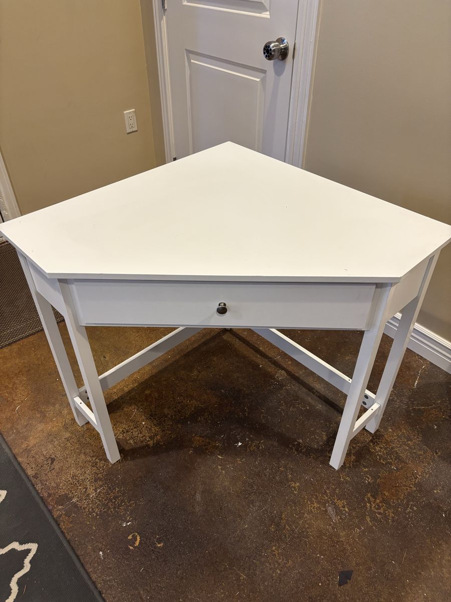 White Corner Desk with Drawer - Space-Saving Design