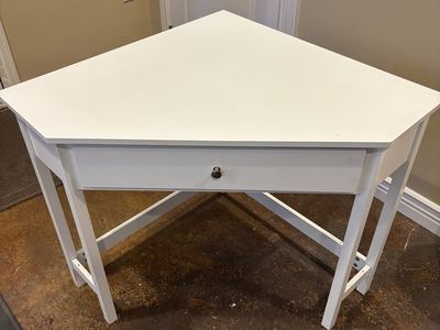 White Corner Desk with Drawer - Space-Saving Design