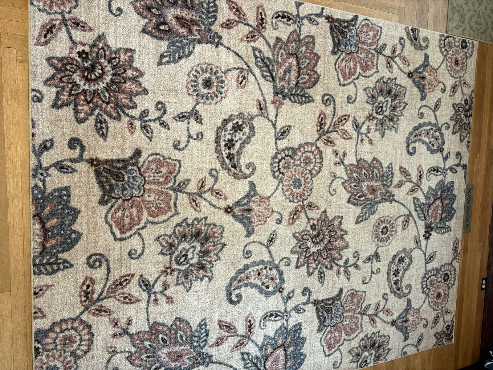 Floral and Paisley Area Rug, Light Tan with Blue and Brown Accents - Good Condition