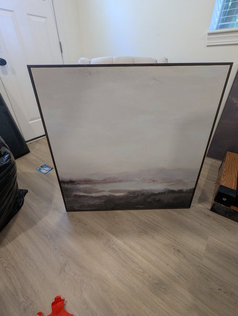 Large Abstract Landscape Wall Art Grey/Brown Tones Framed Canvas - Contemporary Decor