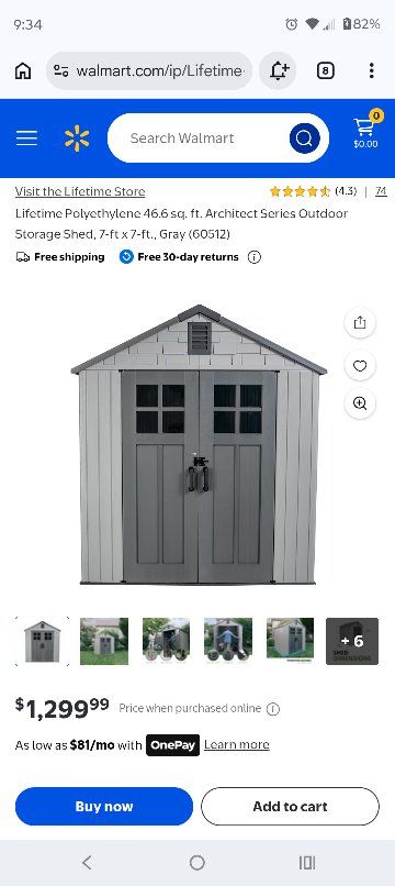 Lifetime Architect Series 7'x7' Polyethylene Outdoor Storage Shed, 46.6 sq ft, Gray (60512)