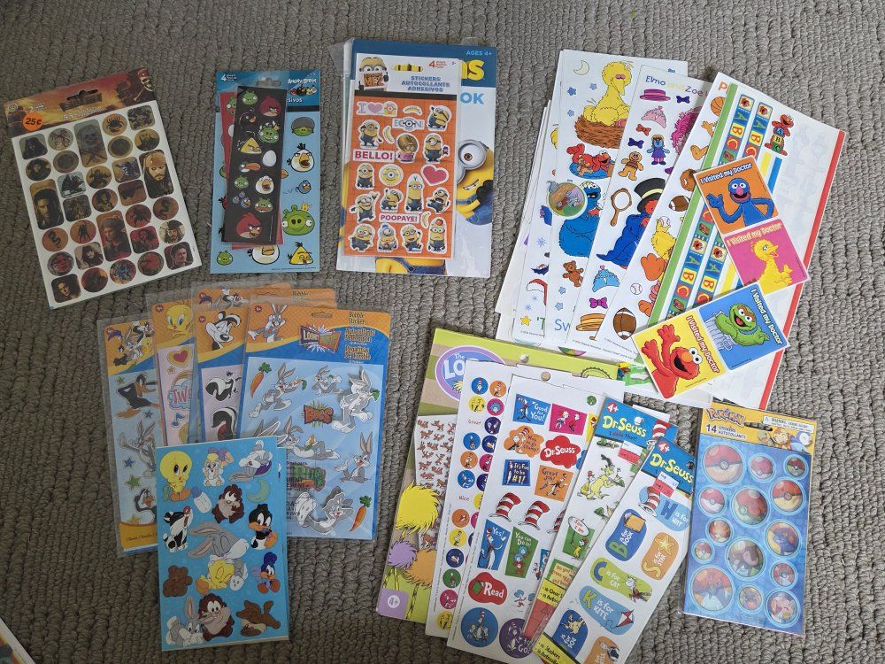 Huge Lot of vintage Cartoon Stickers - Dr. Seuss, Minions, Looney Tunes, Angry Birds, Pokemon & More!