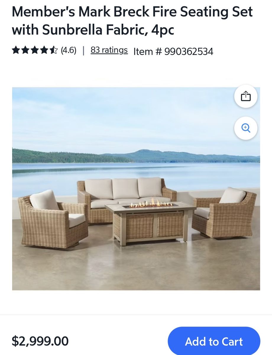 Member's Mark Breck 4pc Fire Pit Seating Set with Sunbrella Fabric - New
