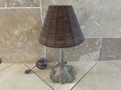 Small But Heavy Metal Lily Lamp W/ Beaded Shade