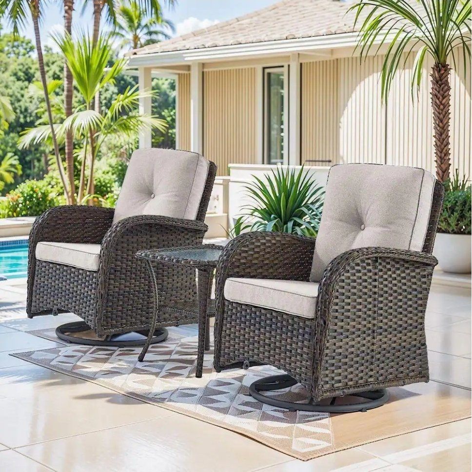 BRAND NEW 3-PIECE WICKER PATIO SWIVEL GLIDER SET – BROWN & BEIGE