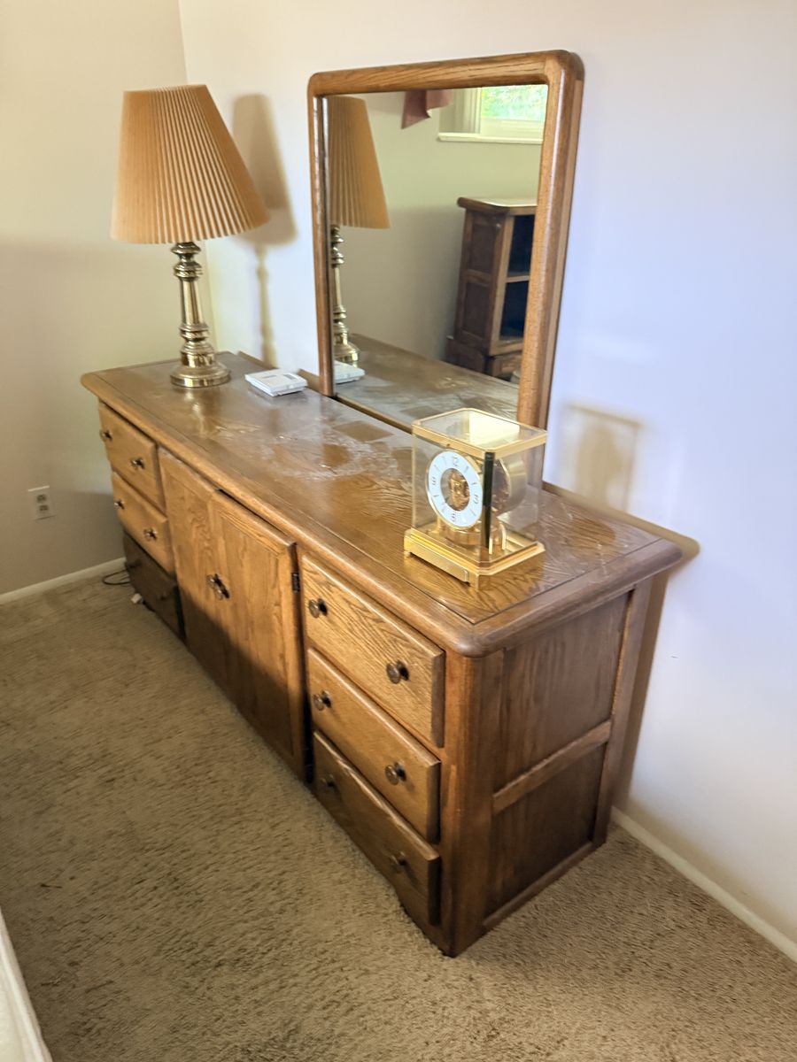 Solid Oak Bedroom Set: Headboard, Dresser with Mirror, and Nightstand