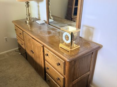 Solid Oak Bedroom Set: Headboard, Dresser with Mirror, and Nightstand