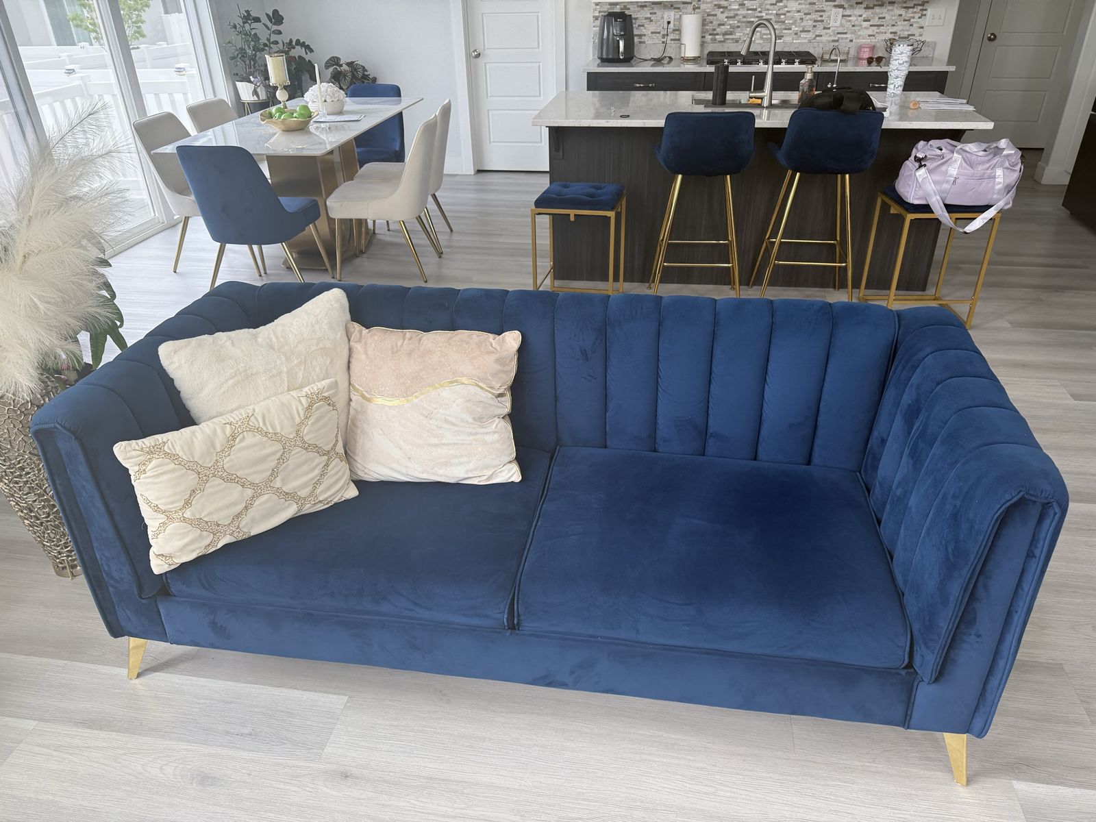 Modern Blue Velvet Tufted Sofa with Gold Legs - 3-Seater Couch