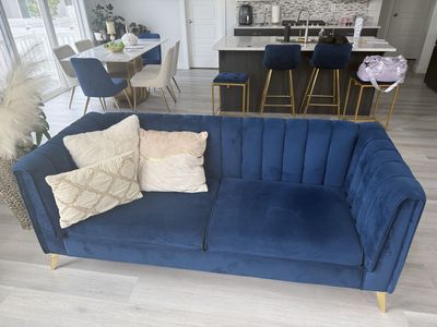 Modern Blue Velvet Tufted Sofa with Gold Legs - 3-Seater Couch