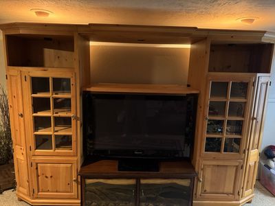 Large Wooden Entertainment Center TV Console Armoire with Glass Cabinets
