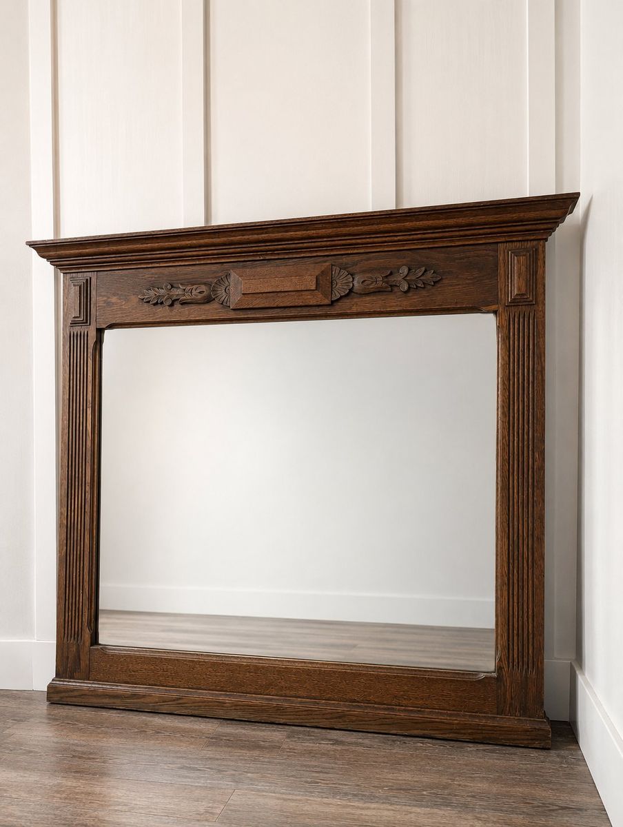 Antique Ornate Dark Wood Framed Floor Mirror - Large Decorative Carved Accent Mirror From Belgium.