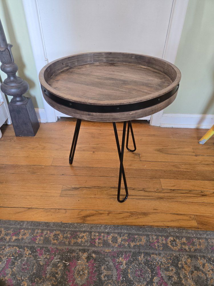 Revolving Wood Accent Side Table with Black Metal Hairpin Legs, Rustic Industrial Style
