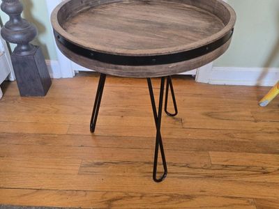 Revolving Wood Accent Side Table with Black Metal Hairpin Legs, Rustic Industrial Style