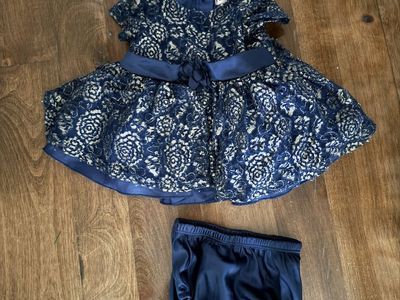 Fancy baby dress Nanette Lepore brand navy with gold roses 6 months