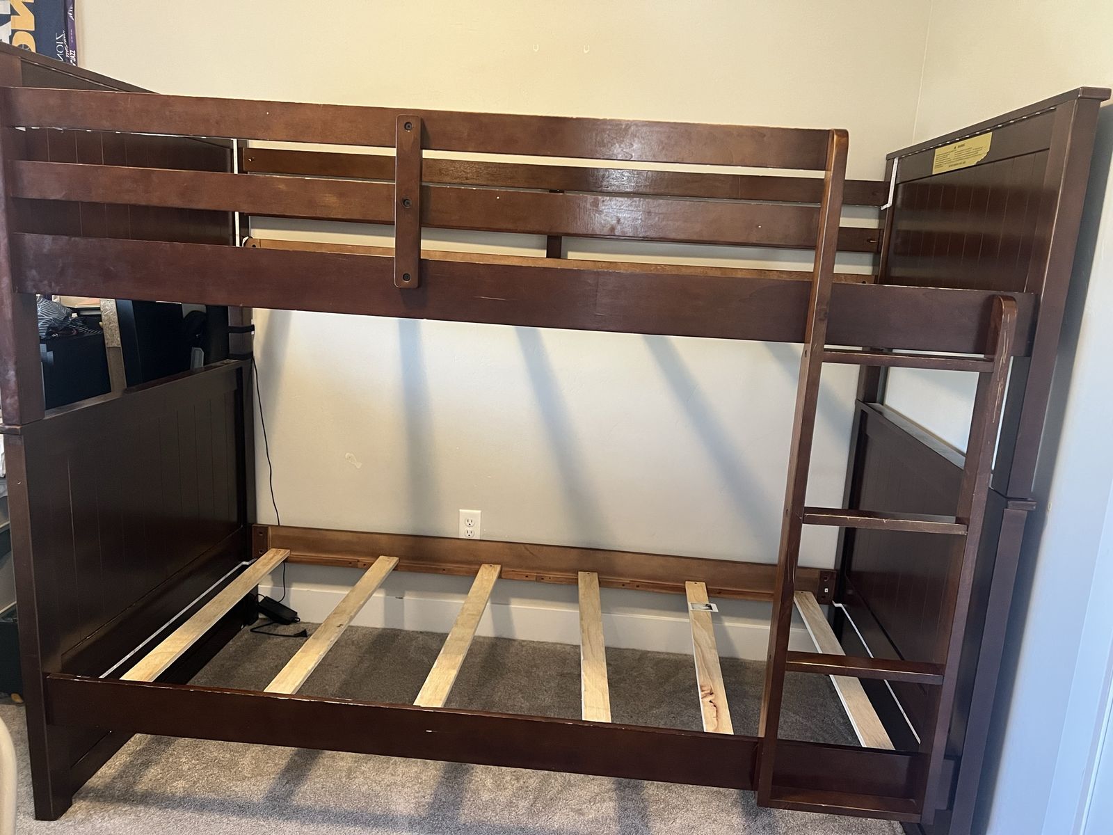 Sturdy Wooden Bunk Bed in Dark Brown Finish with Built-in Ladder