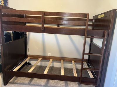 Sturdy Wooden Bunk Bed in Dark Brown Finish with Built-in Ladder
