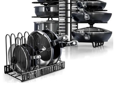 Adjustable Pot and Pan Lid Organizer Rack for Cabinet and Pantry Storage - Black Metal