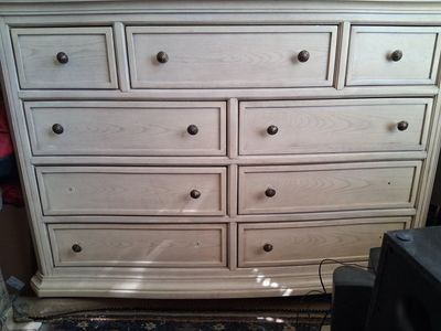 Large 9-Drawer White Wood Dresser with Ornate Knobs, Curved Front Storage