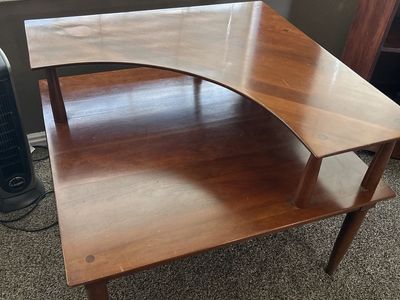Mid-Century Modern Wood Corner Coffee Table w/ Lower Shelf - Brown, Used , full set