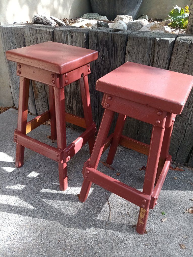 Set of 2 Red Painted Wooden Bar Stools