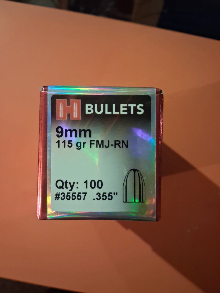 Hornady 9mm 115 grain FMJ-RN reloading bullets (Product #35557). 