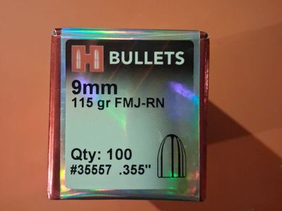 Hornady 9mm 115 grain FMJ-RN reloading bullets (Product #35557).