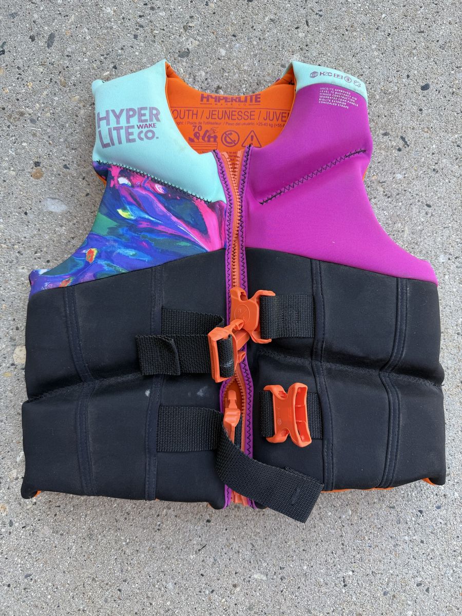 Hyperlite Wake Co. Youth Life Vest PFD - Size Large, Vibrant Multi-Color Design, USCG Approved