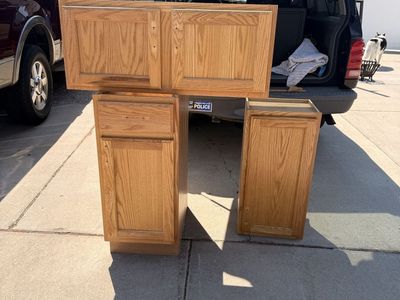 Oak Wood Kitchen Cabinets - Set of 3 (2 Wall, 1 Base) - Used, Good Condition