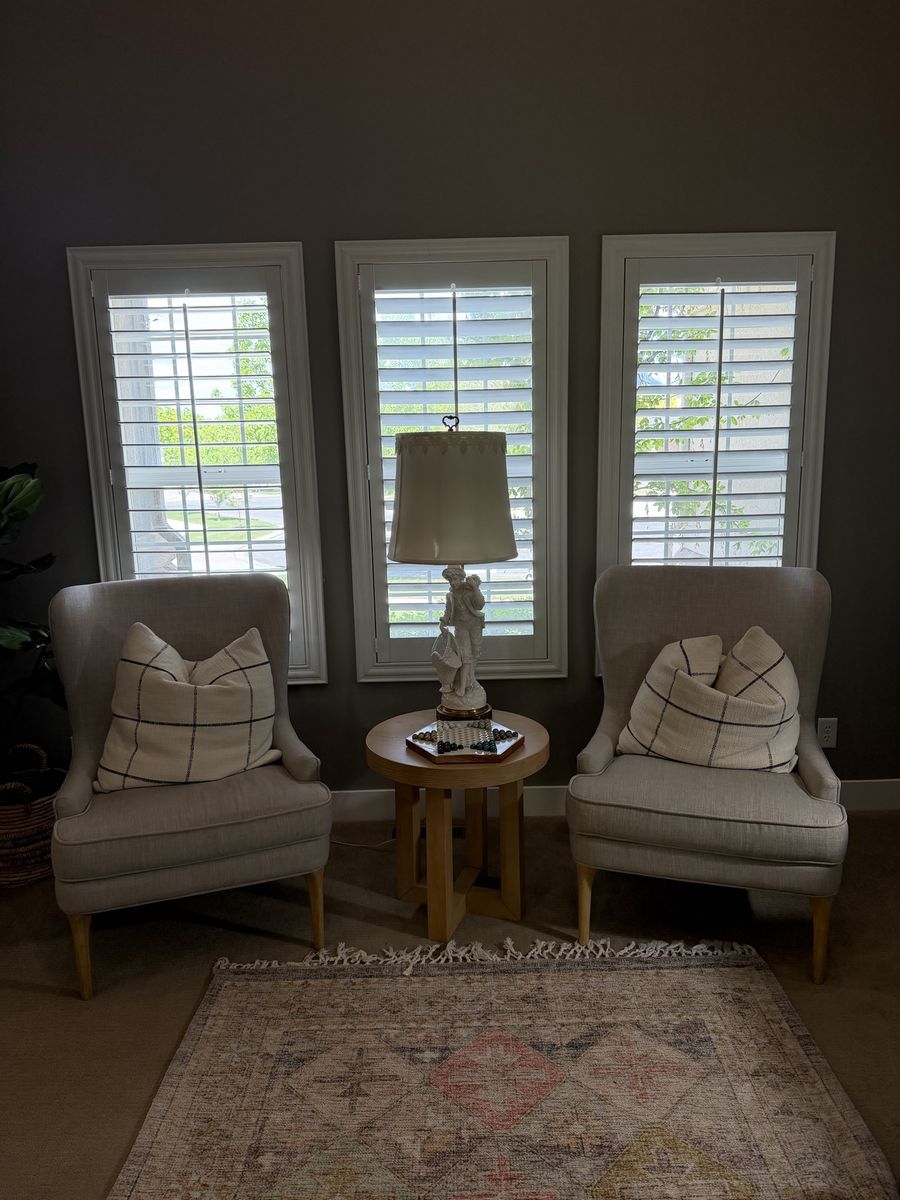 Pair of Light Gray Upholstered Wingback Accent Chairs with matching side table
