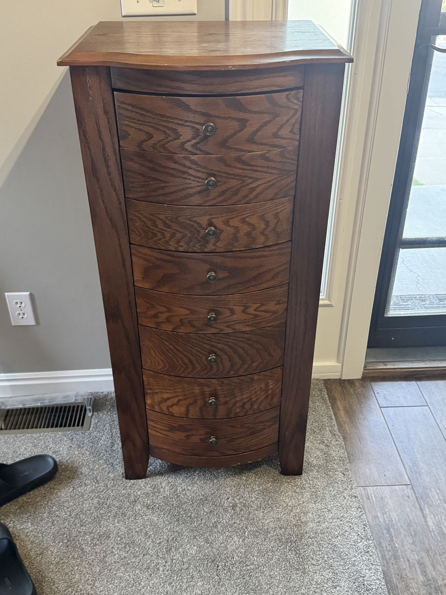 Vintage Oak Jewelry Armoire with 7 Drawers, Lift-Top Mirror & Side Doors, Felt Lined Storage