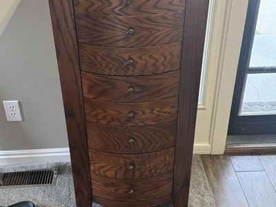 Vintage Oak Jewelry Armoire with 7 Drawers, Lift-Top Mirror & Side Doors, Felt Lined Storage