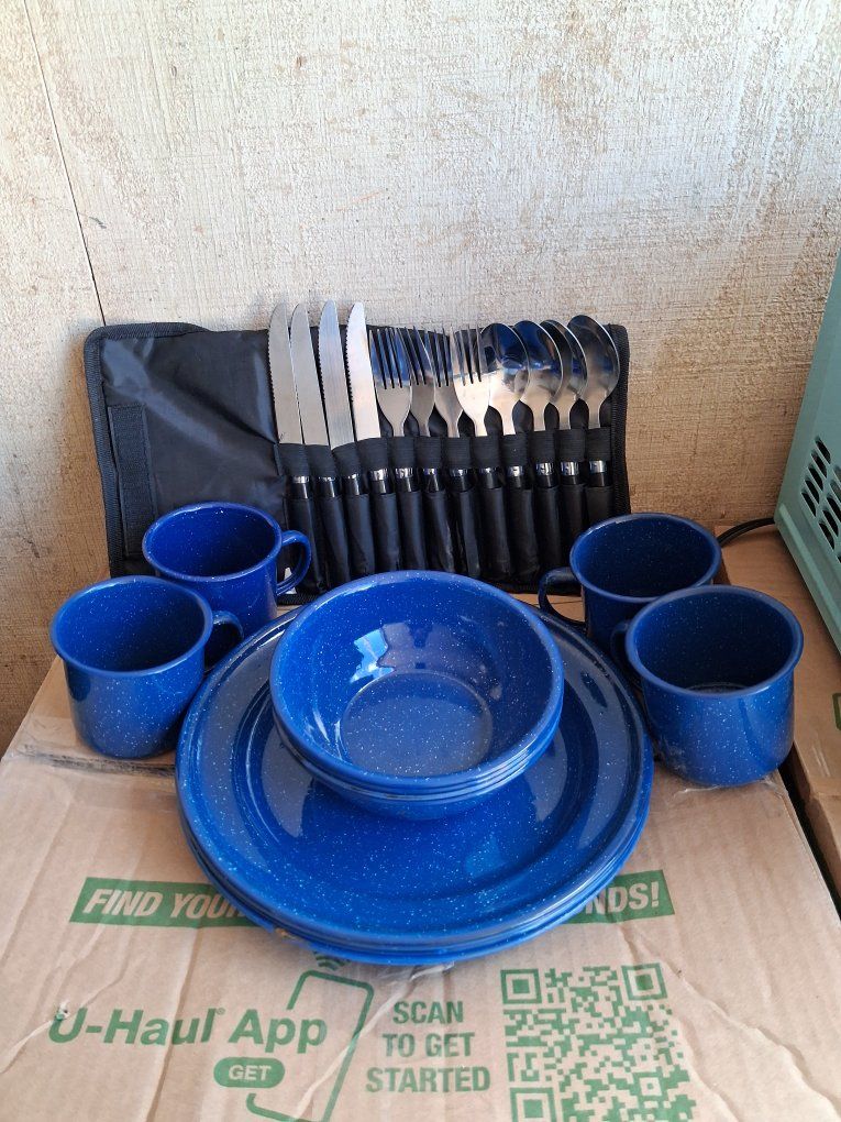 Coleman Blue Speckled Enamel Camp Dinnerware Set w/ Cutlery for 4 - Plates, Bowls, Mugs, & Utensils