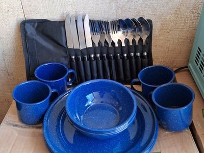 Coleman Blue Speckled Enamel Camp Dinnerware Set w/ Cutlery for 4 - Plates, Bowls, Mugs, & Utensils