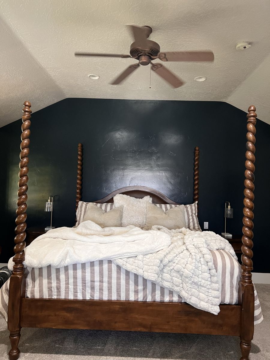 King four post bed with leather headboard and matching night stands