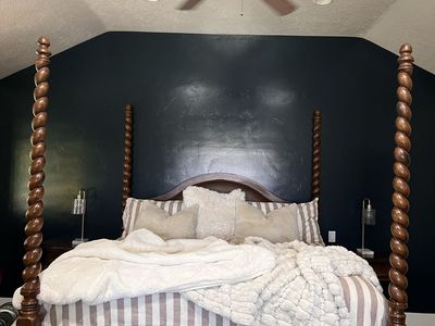 King four post bed with leather headboard and matching night stands