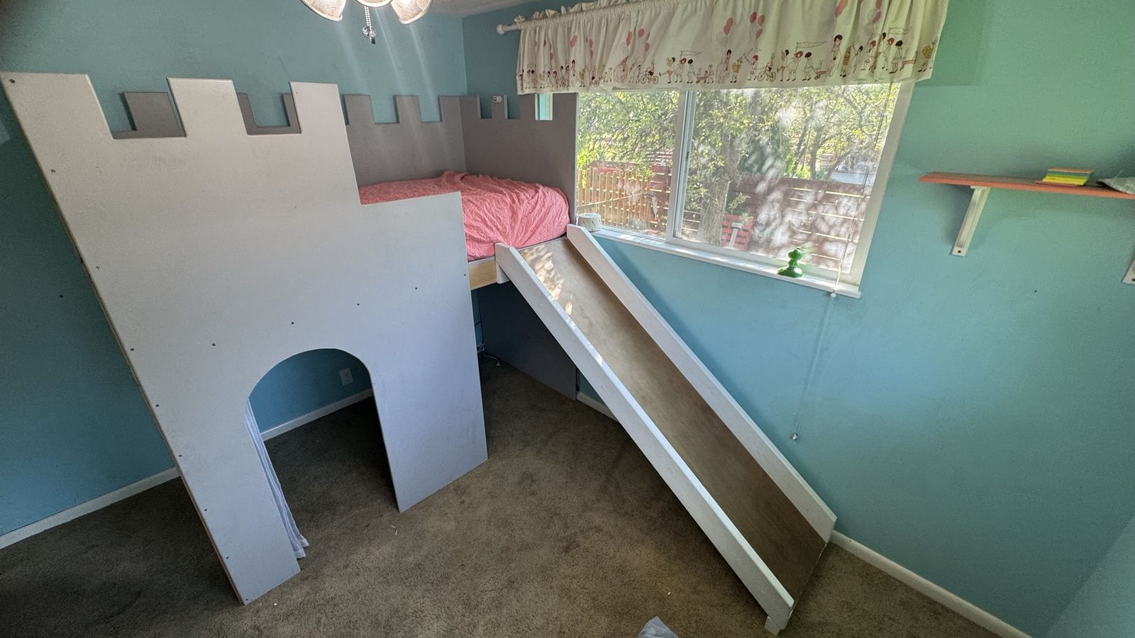 Custom Wooden Castle Loft Bed with Slide and Play Fort Base