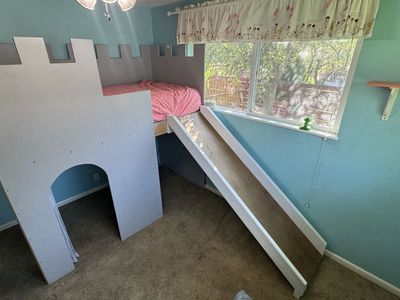 Custom Wooden Castle Loft Bed with Slide and Play Fort Base
