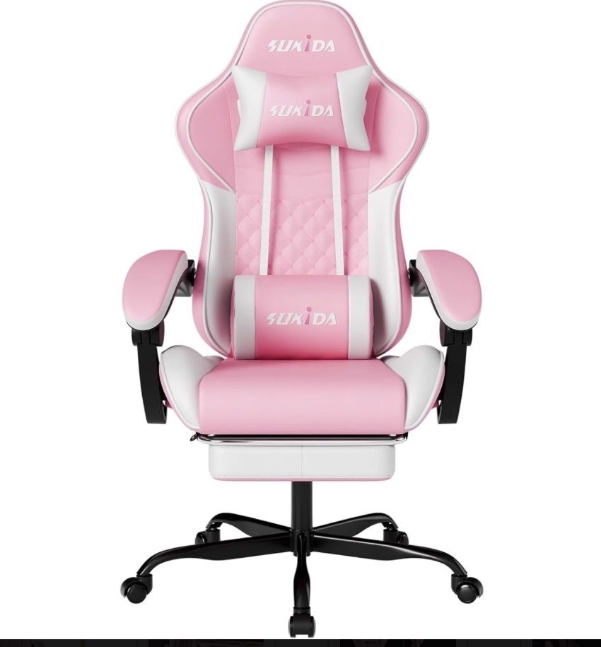Brand New Pink & White Ergonomic Gaming Chair w/ Footrest (NIB)