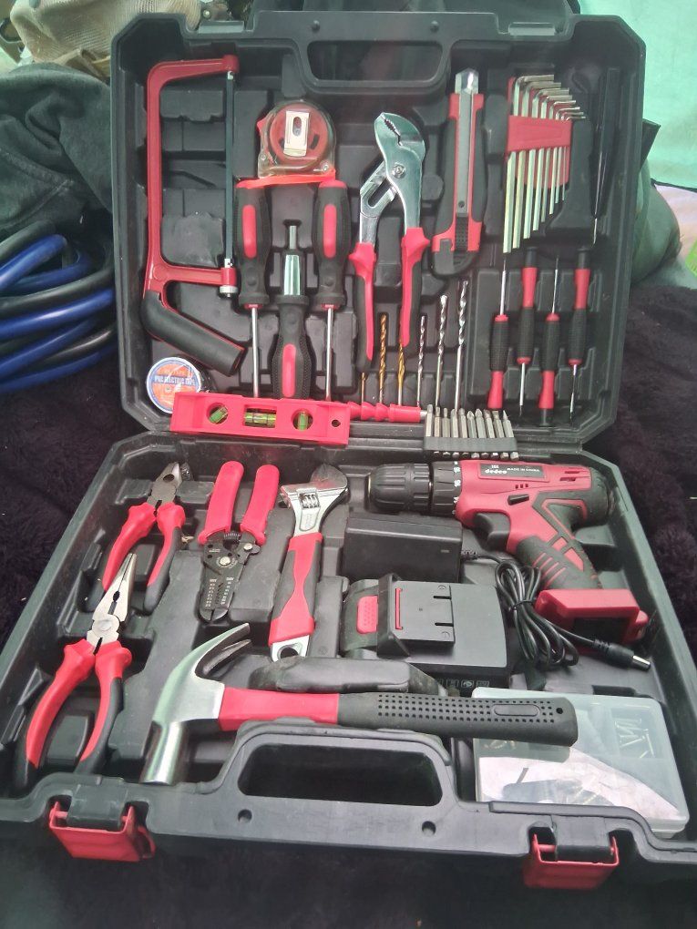 DEDEO 101-Piece Cordless Drill & Hand Tool Set - Red & Black Kit with Case
